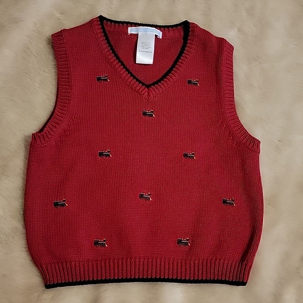 JANIE AND JACK RED SWEATER VEST WITH EMBROIDERED TRAINS, SIZE 18-24 MONTHS